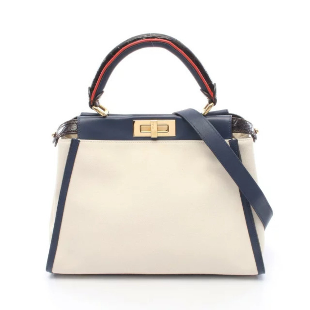 Fendi Peekaboo Regular Handbag Canvas Leather Ivory White Navy Blue Red